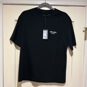 NWT Prada Men's Black T-Shirt with White Logo, Size S